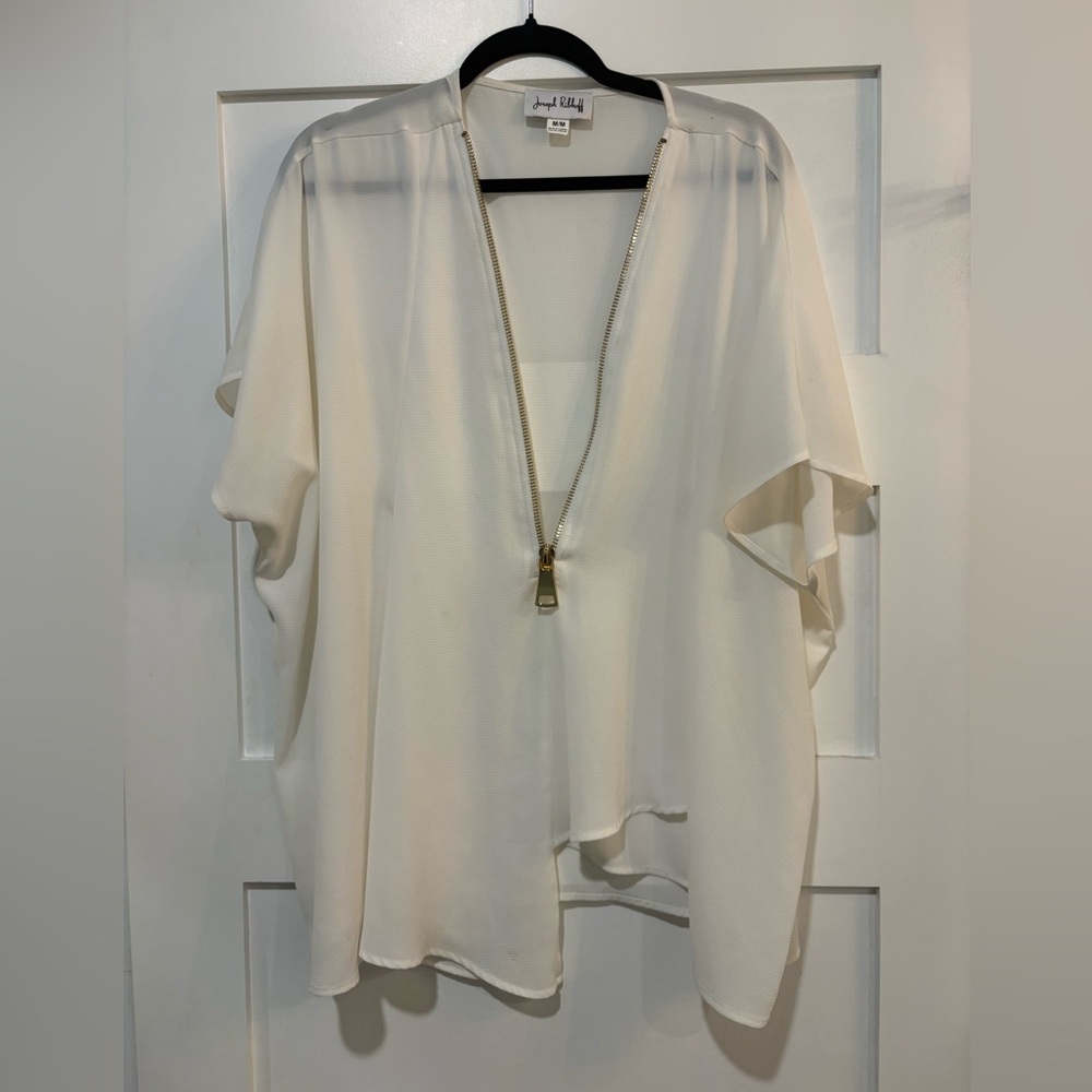 Joseph Ribkoff Cream Gold Zip-Front flowing Blouse Sz M